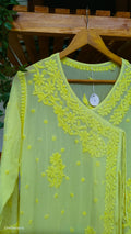 Beauty Yellow Premium Georgette Chikankari Angrakha kurta by LVW Fashions, showcasing intricate handmade Lucknow Chikankari design.