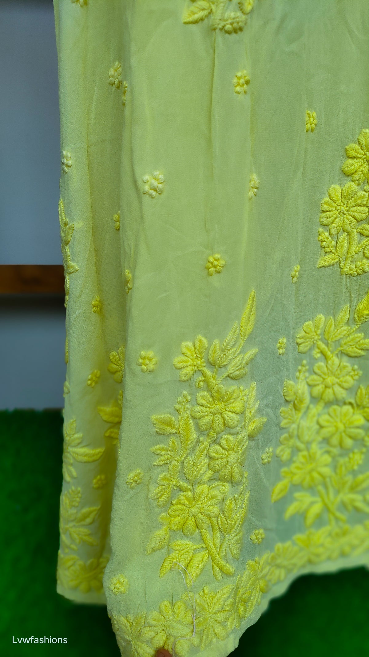 Beauty Yellow premium georgette Angrakha with intricate handmade Lucknow Chikankari embroidery by LVW Fashions.