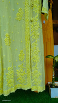 Beauty Yellow Premium Georgette Chikankari Angrakha by LVW Fashions, showcasing intricate handmade Lucknow Chikankari embroidery.