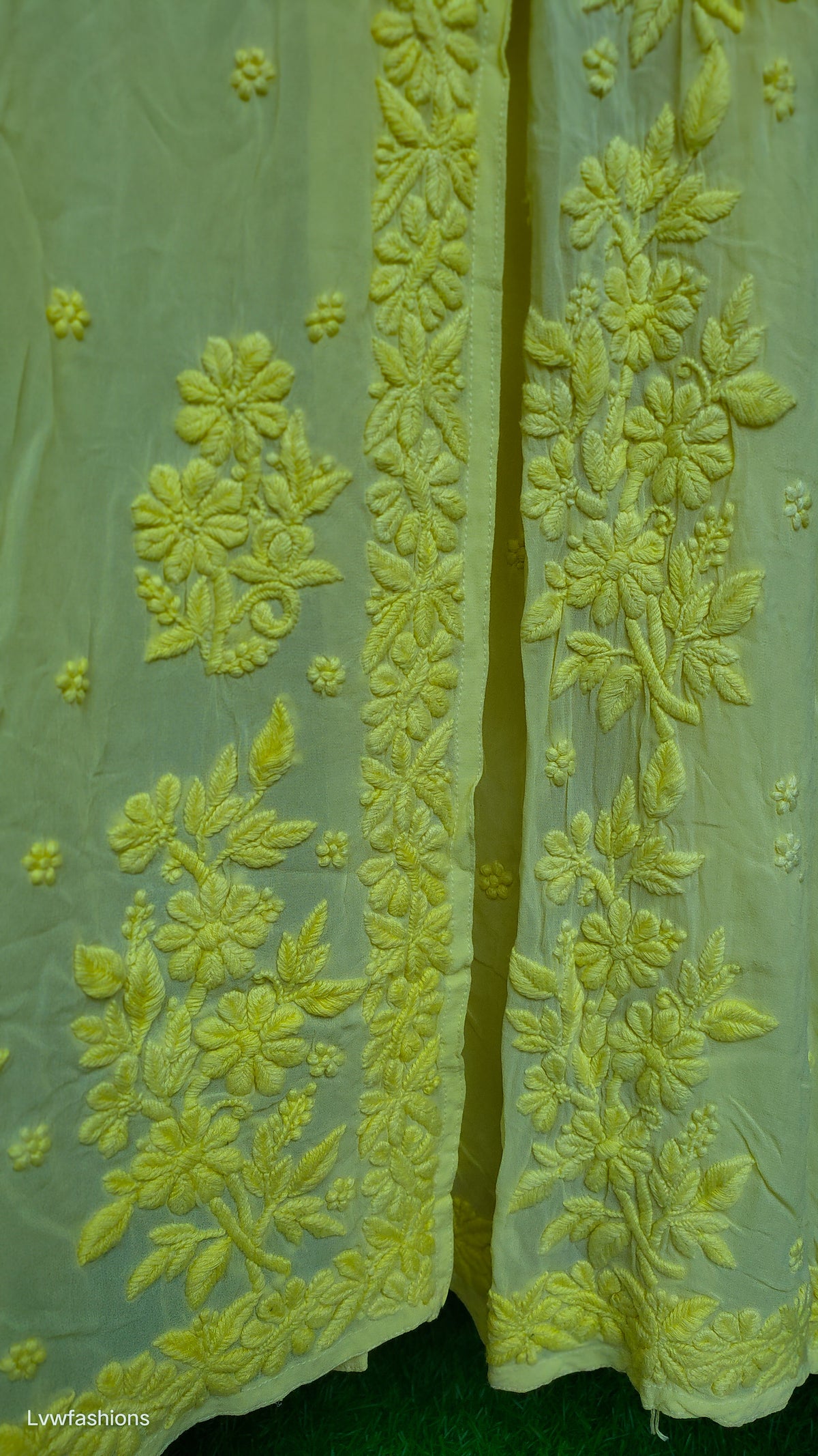 Beauty Yellow premium georgette Chikankari Angrakha by LVW Fashions, showcasing intricate handmade Lucknow-style embroidery.