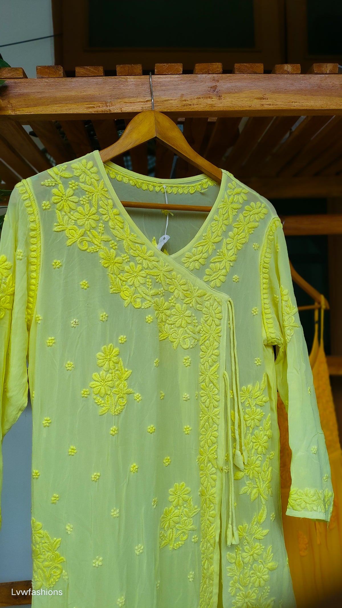 Beauty Yellow Premium Georgette Chikankari Angrakha kurta by LVW Fashions, showcasing intricate handmade Lucknow Chikankari details.