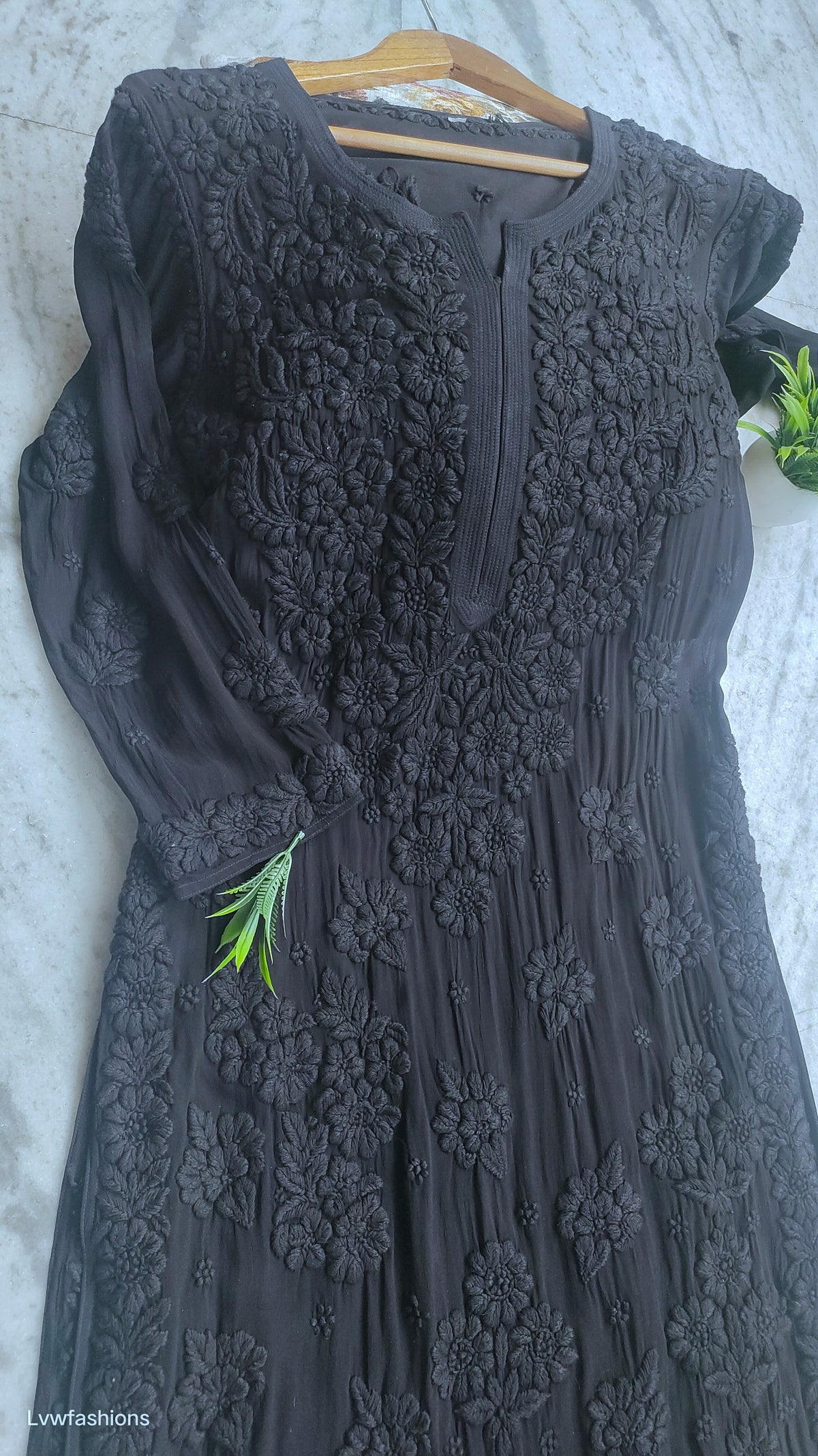Black Luxurious Premium Georgette Chikankari Long Kurta by LVW Fashions, featuring intricate handmade Lucknow Chikankari embroidery.