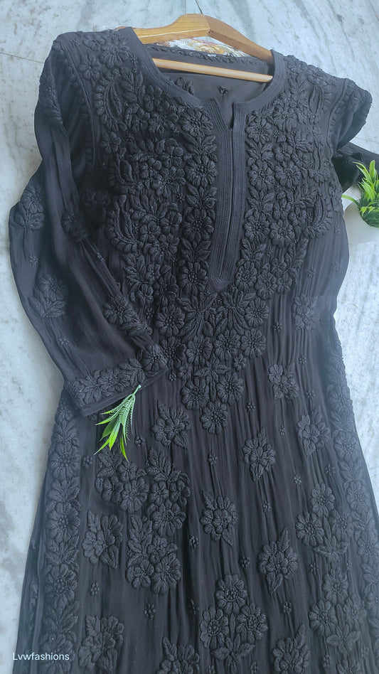 Black Luxurious Premium Georgette Chikankari Long Kurta by LVW Fashions, featuring intricate handmade Lucknow Chikankari embroidery.