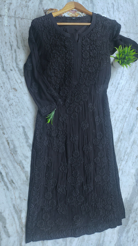Black luxurious premium georgette long kurta with intricate handmade Lucknow chikankari embroidery from LVW Fashions.