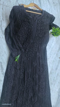 Black luxurious premium georgette chikankari long kurta by LVW Fashions featuring intricate handmade Lucknow chikankari embroidery.