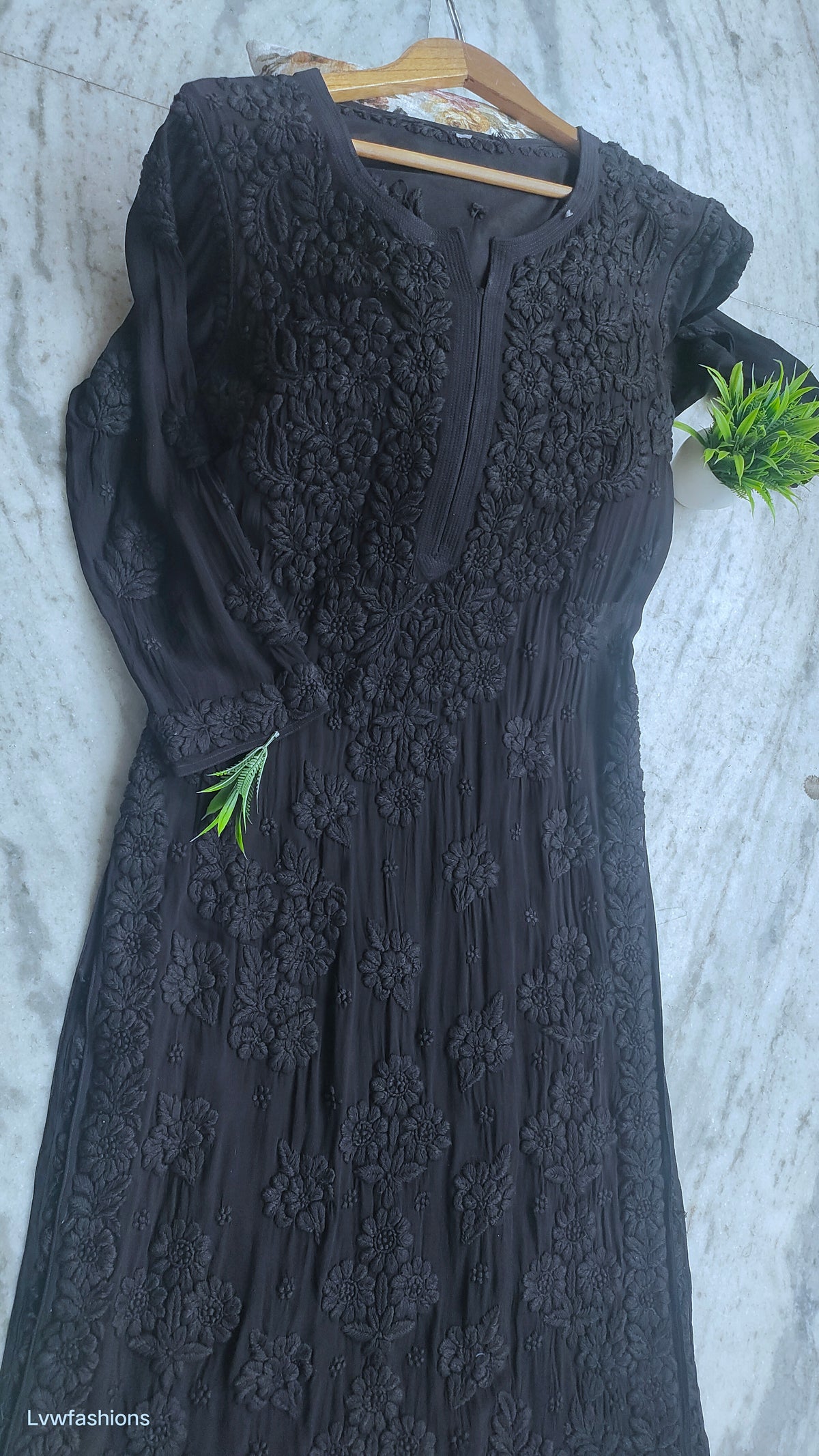 Black luxurious premium georgette chikankari long kurta by LVW Fashions featuring intricate handmade Lucknow chikankari embroidery.