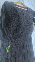 Black luxurious premium georgette long kurta with intricate handcrafted Lucknow chikankari embroidery from LVW Fashions.