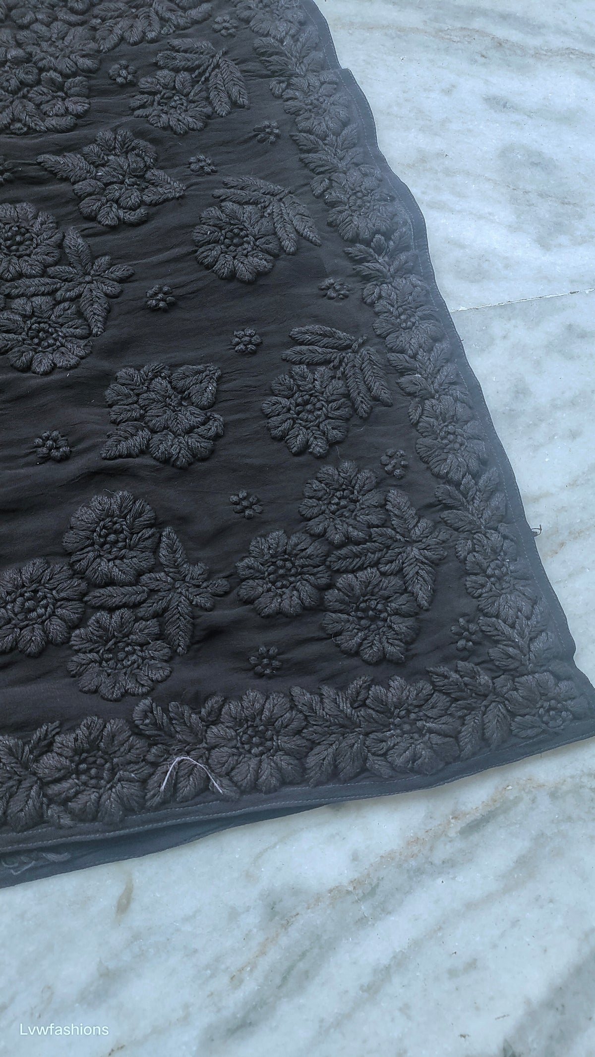 Black luxurious premium georgette long kurta with intricate handmade Lucknow chikankari embroidery, designed by LVW Fashions.