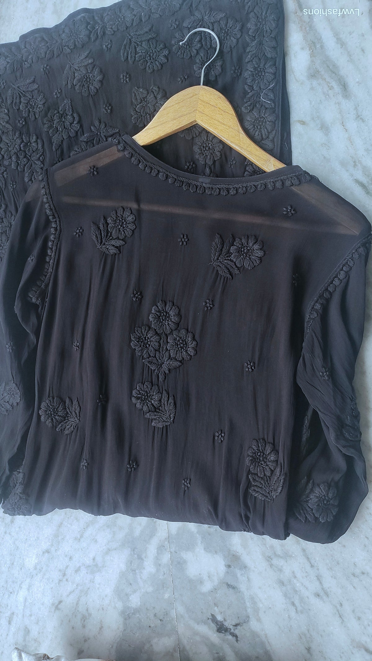 Black luxurious premium georgette long kurta with intricate handmade Lucknow chikankari embroidery by LVW Fashions.