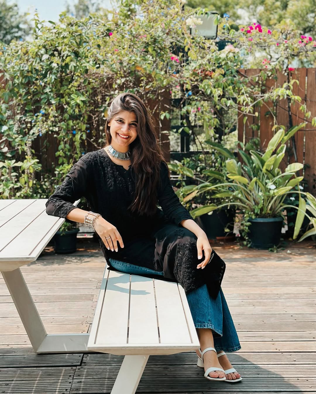 Black premium soft modal handcrafted long Chikankari Kurti for women, stylish and elegant, by LVW Fashions with Lucknow Chikankari detail