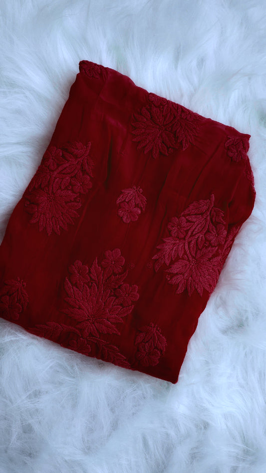 Blood maroon gown or dress crafted from premium silk by LVW Fashions, featuring handmade Lucknow chikankari embroidery.