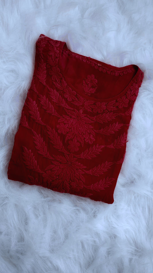 Blood maroon gown dress by LVW Fashions, premium silk with handmade Lucknow chikankari embroidery, showcasing intricate craftsmanship.