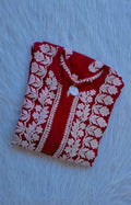 Blood red premium georgette long kurta with intricate handmade chikankari embroidery from LVW Fashions, Lucknow Chikankari style.