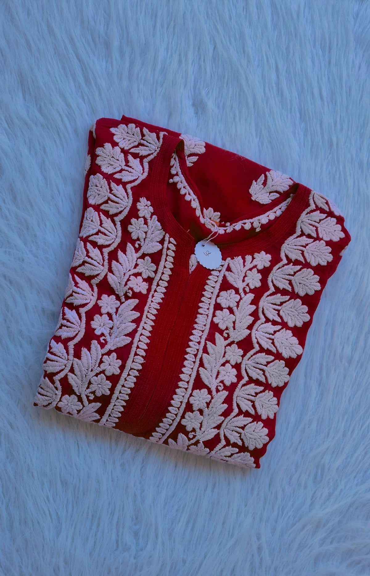 Blood red premium georgette long kurta with intricate handmade chikankari embroidery from LVW Fashions, Lucknow Chikankari style.
