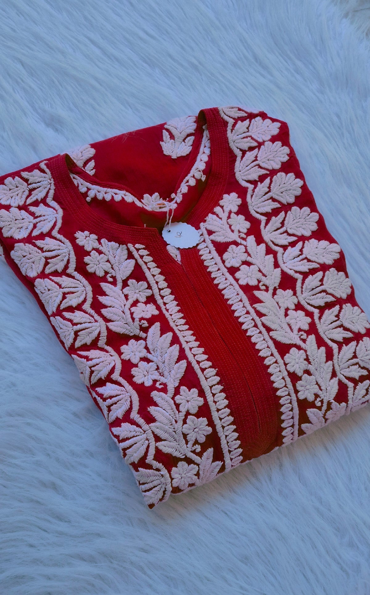 Blood red premium georgette Chikankari long kurta by LVW Fashions, handcrafted Lucknow-style embroidery, long sleeve traditional kurta.