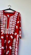 Blood red premium georgette long kurta with intricate handmade Lucknow chikankari embroidery by LVW Fashions.