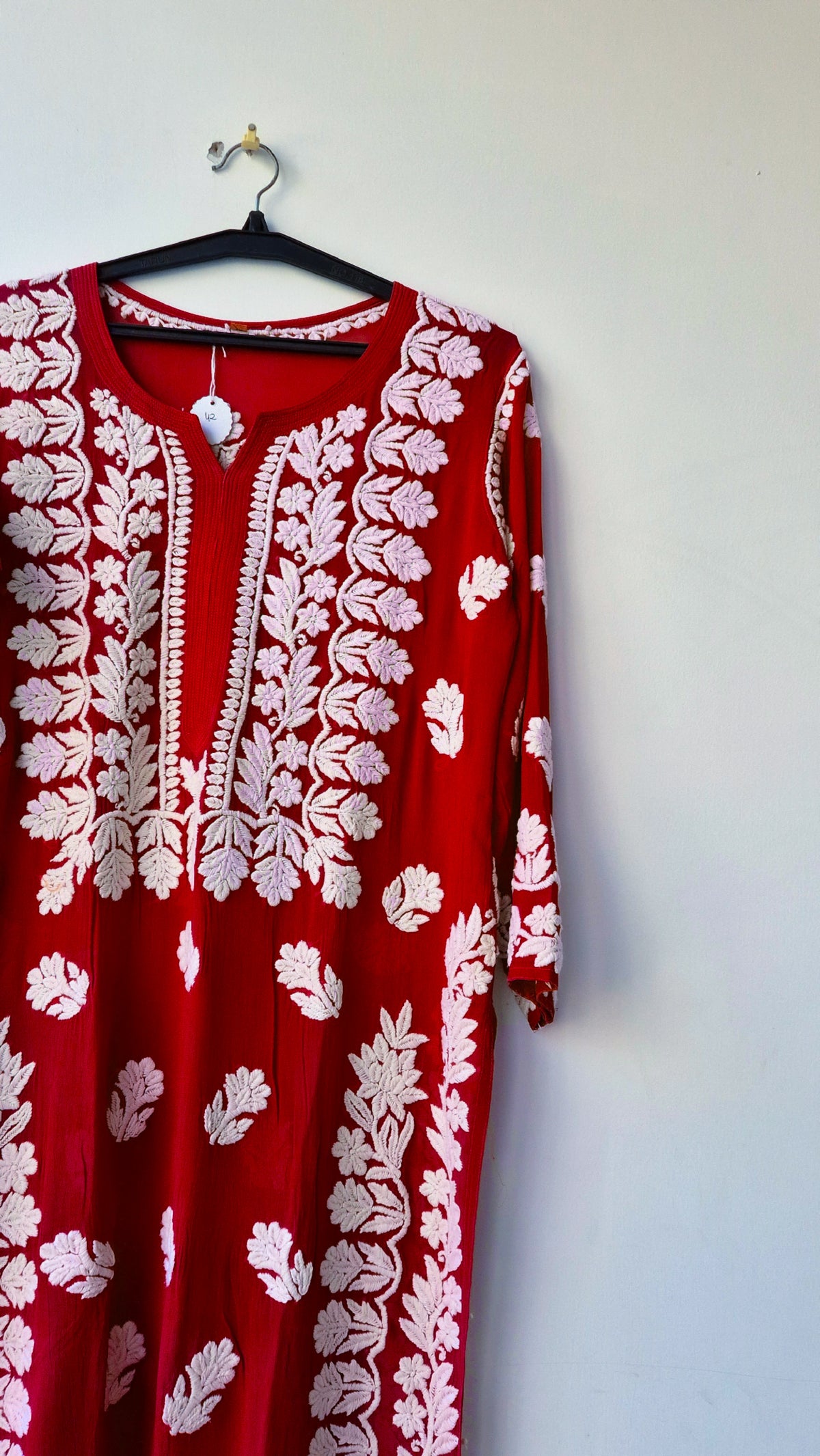 Blood red premium georgette long kurta with intricate handmade Lucknow chikankari embroidery by LVW Fashions.