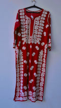 Blood red premium georgette long kurta with intricate handmade chikankari embroidery from LVW Fashions, showcasing traditional Lucknow craftsmanship.