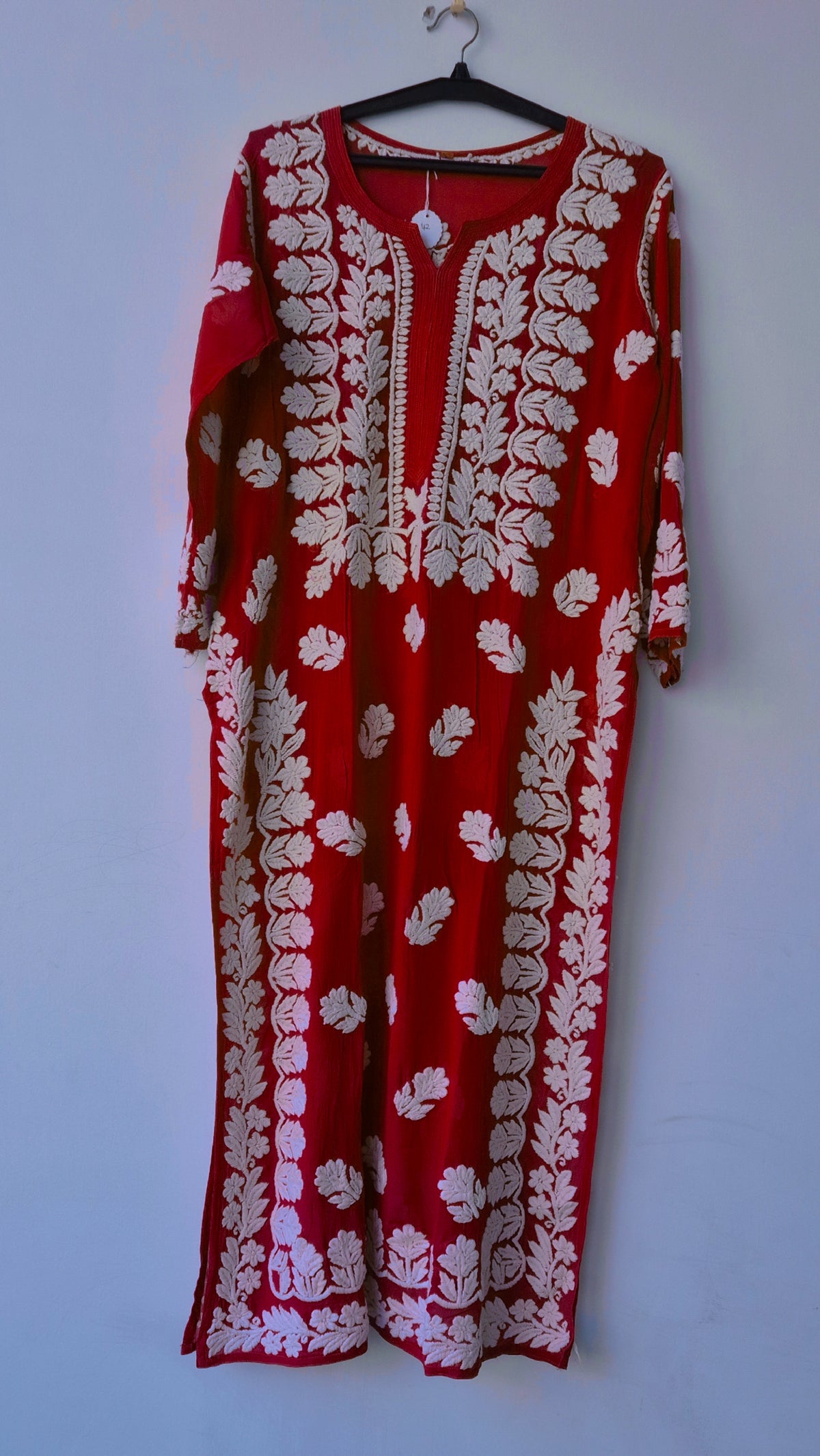 Blood red premium georgette long kurta with intricate handmade chikankari embroidery from LVW Fashions, showcasing traditional Lucknow craftsmanship.