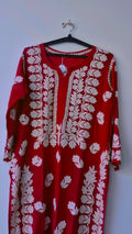 Blood red premium georgette long kurta with intricate handmade chikankari embroidery from LVW Fashions, Lucknow-style craftsmanship.