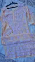 Luxurious blush pink handcrafted georgette kurta with intricate Lucknow chikankari embroidery by LVW Fashions.