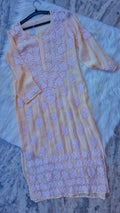Blush premium georgette Chikankari kurta by LVW Fashions, handcrafted with intricate Lucknow embroidery, luxurious look and shade.