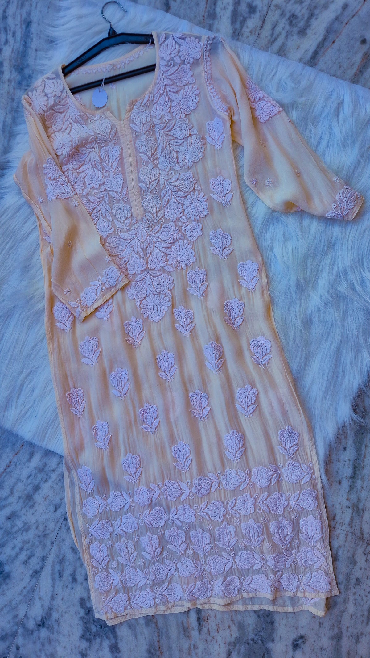 Blush premium georgette Chikankari kurta by LVW Fashions, handcrafted with intricate Lucknow embroidery, luxurious look and shade.