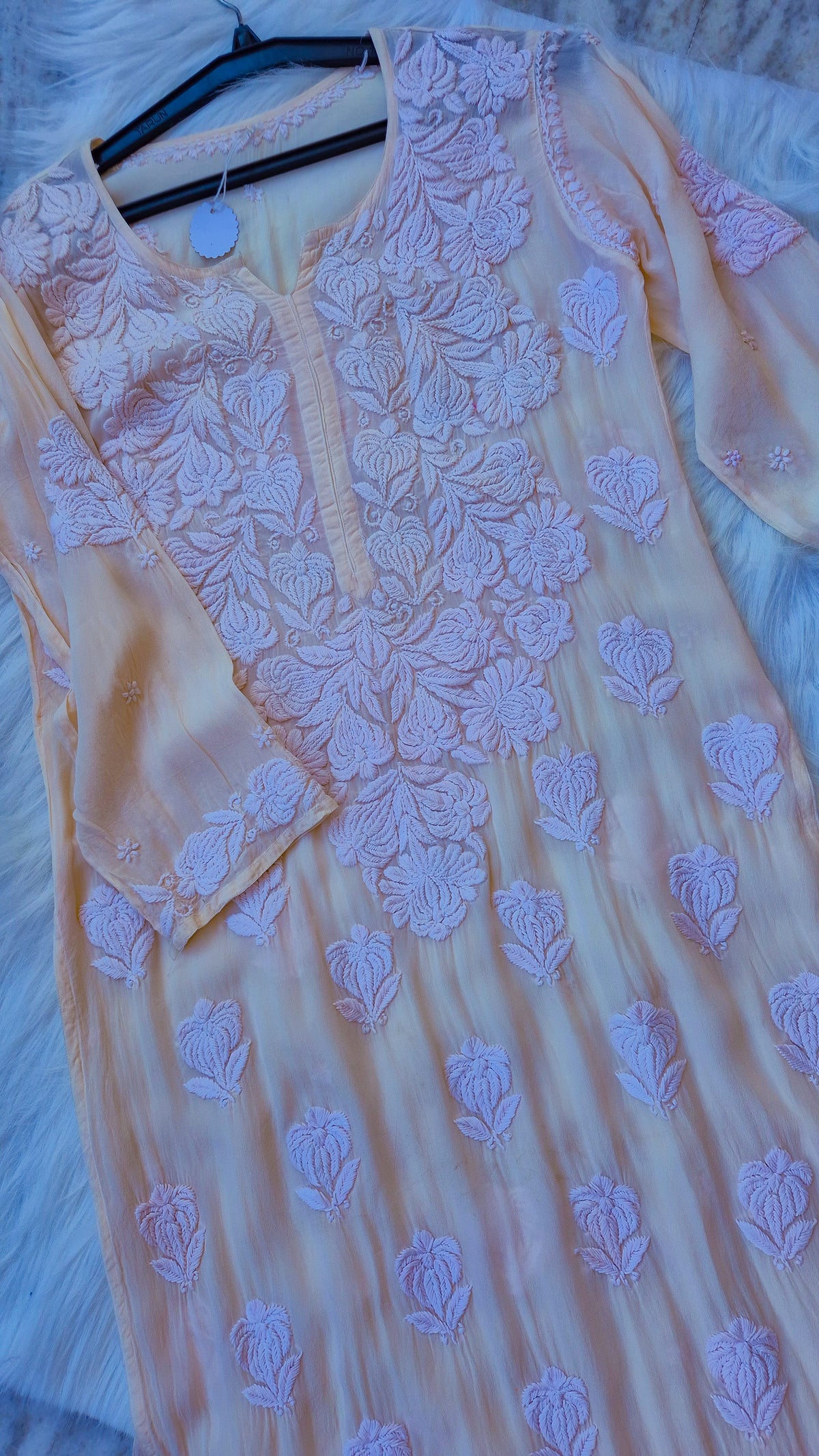 Blush luxury georgette Chikankari kurta by LVW Fashions, handcrafted with intricate Lucknow-style embroidery.