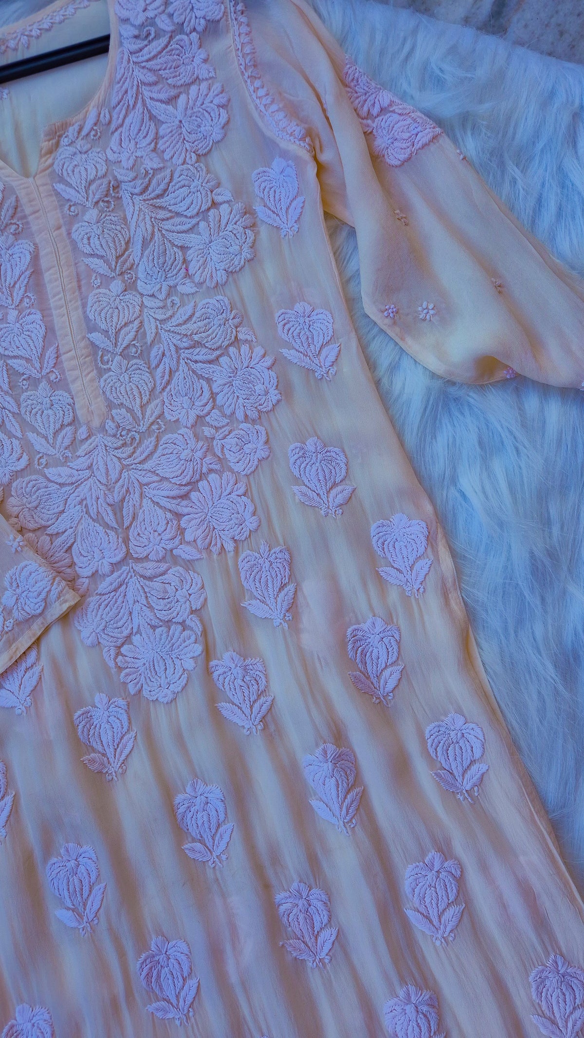 Blush pink handcrafted georgette chikankari kurta by LVW Fashions with intricate embroidery and luxurious look.