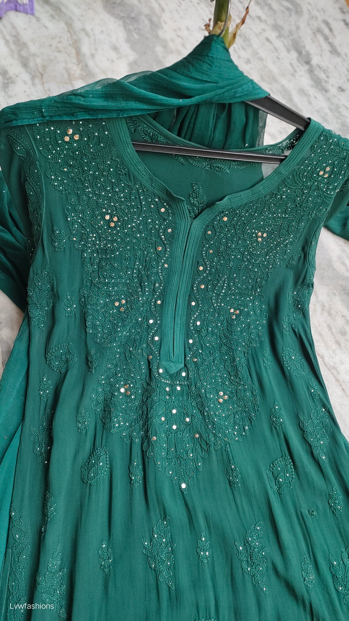 Bottle green premium georgette Chikankari sharara set with handmade Lucknow chikankari kurta, featuring intricate embroidery and traditional style.