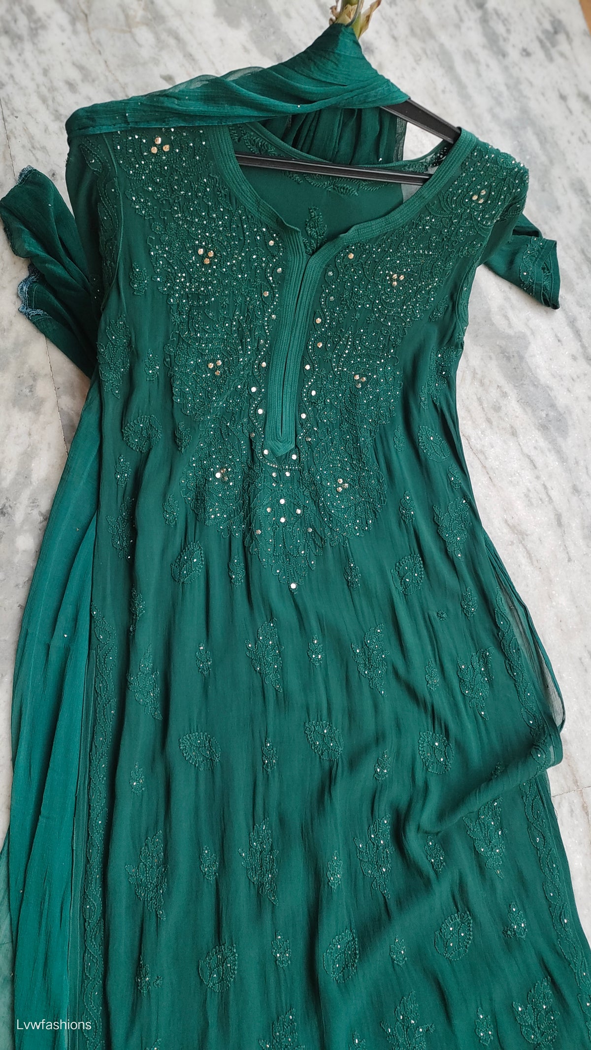Bottle green premium georgette Chikankari sharara set with handcrafted Lucknow chikankari kurta, stylish and elegant for special occasions.