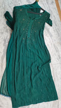 Bottle green premium georgette Chikankari sharara set with handmade Lucknow chikankari kurta and matching sharara.