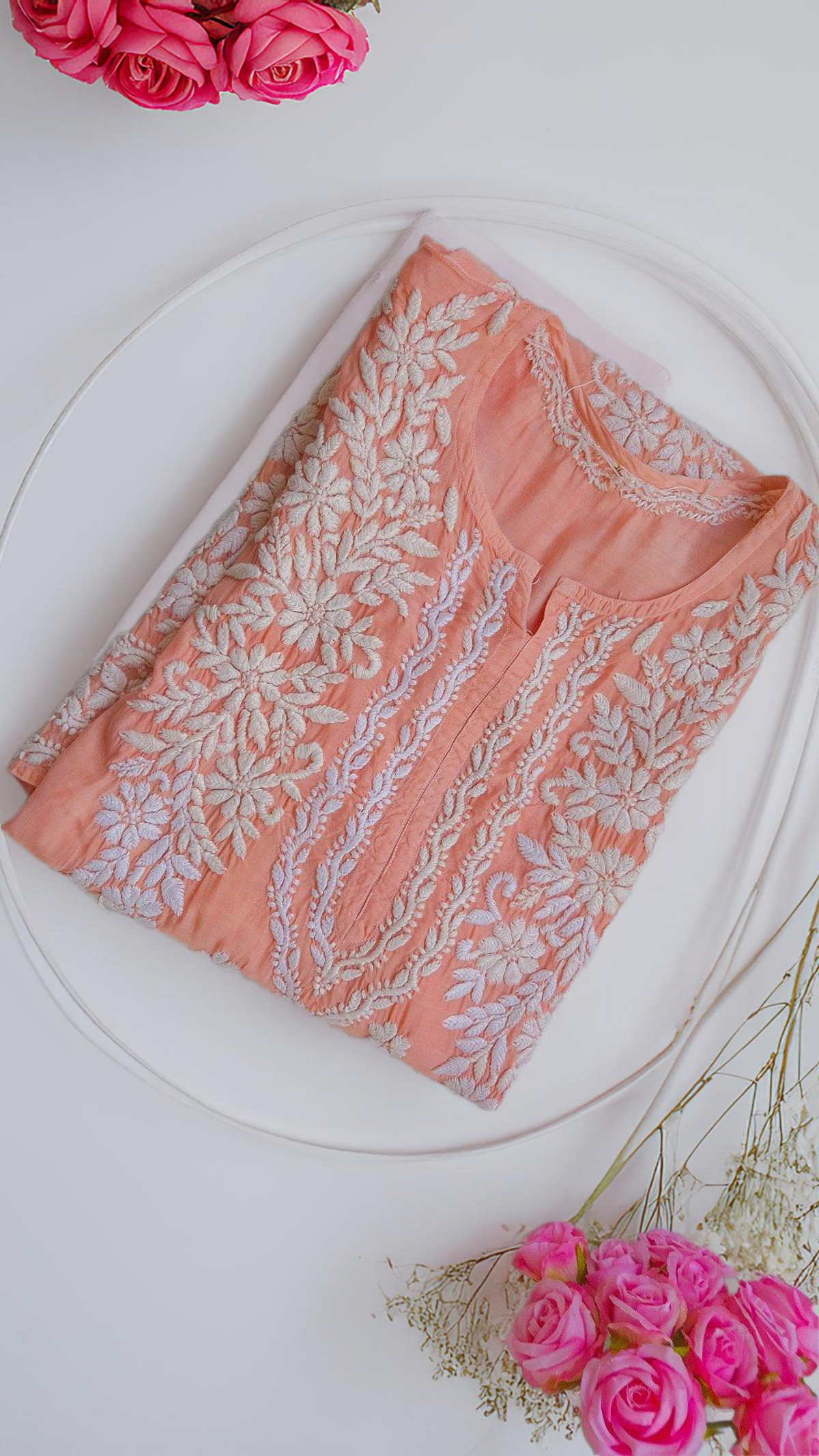 Bright peach premium soft silk chikankari long kurti by LVW Fashions, handmade with intricate Lucknow chikankari embroidery.