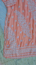 Bright peach premium soft silk chikankari long kurti by LVW Fashions, handmade Lucknow chikankari kurta, pure and elegant.