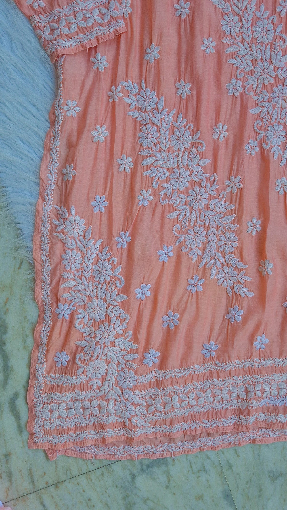 Bright peach premium soft silk chikankari long kurti by LVW Fashions, handmade Lucknow chikankari kurta, pure and elegant.