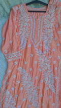 Bright peach premium soft silk chikankari long kurti by LVW Fashions, handmade pure Lucknow chikankari kurta with intricate embroidery