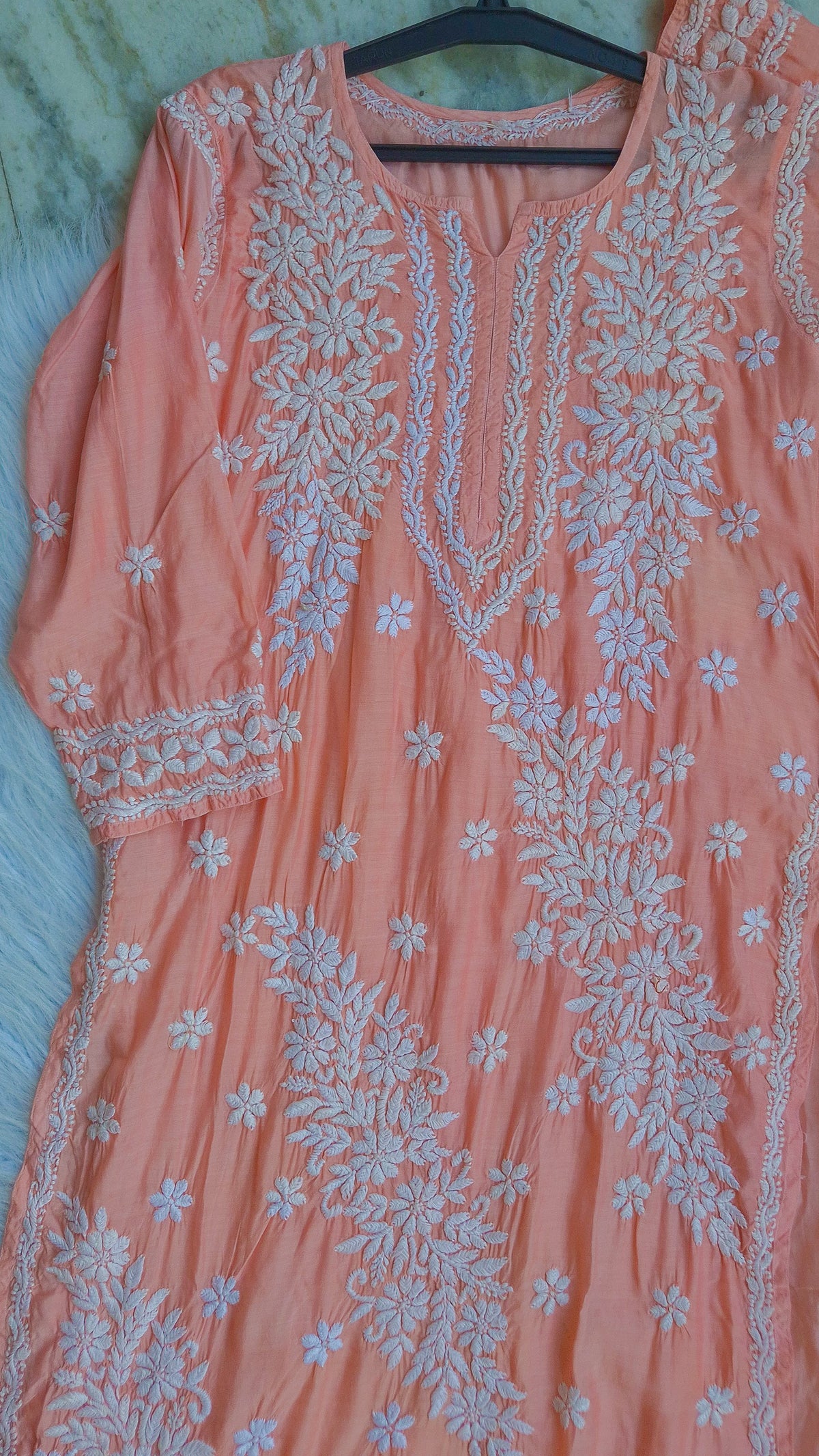 Bright peach premium soft silk chikankari long kurti by LVW Fashions, handmade pure Lucknow chikankari kurta with intricate embroidery