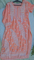 Bright peach premium soft silk chikankari long kurti by LVW Fashions, handmade Lucknow chikankari kurta in pure silk fabric.