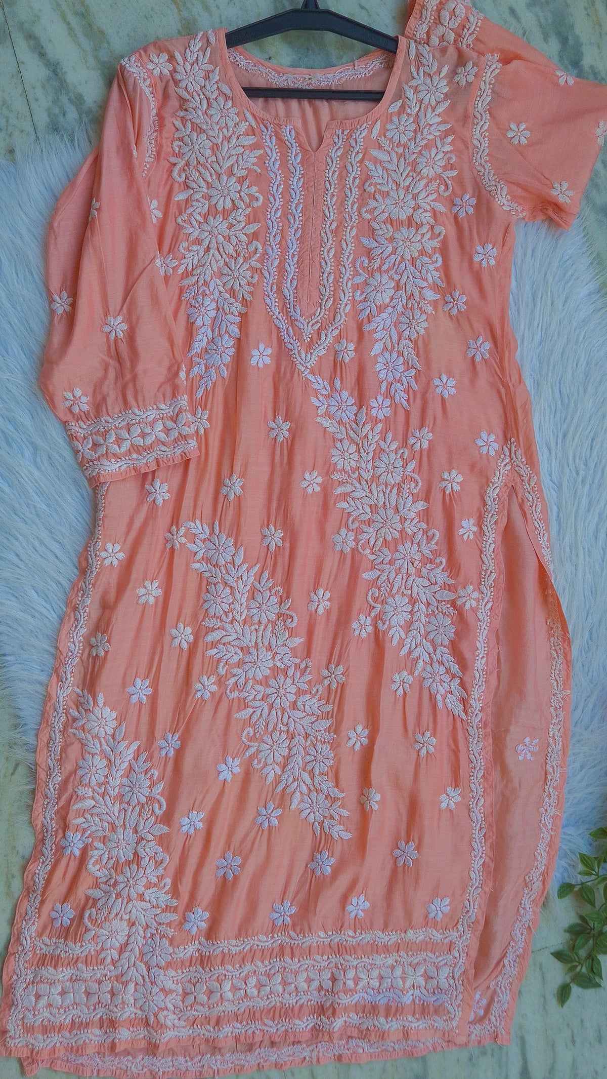 Bright peach premium soft silk chikankari long kurti by LVW Fashions, handmade Lucknow chikankari kurta in pure silk fabric.