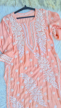 Bright peach premium soft silk Chikankari long kurti by LVW Fashions, handmade pure Lucknow Chikankari kurta in XXS size.