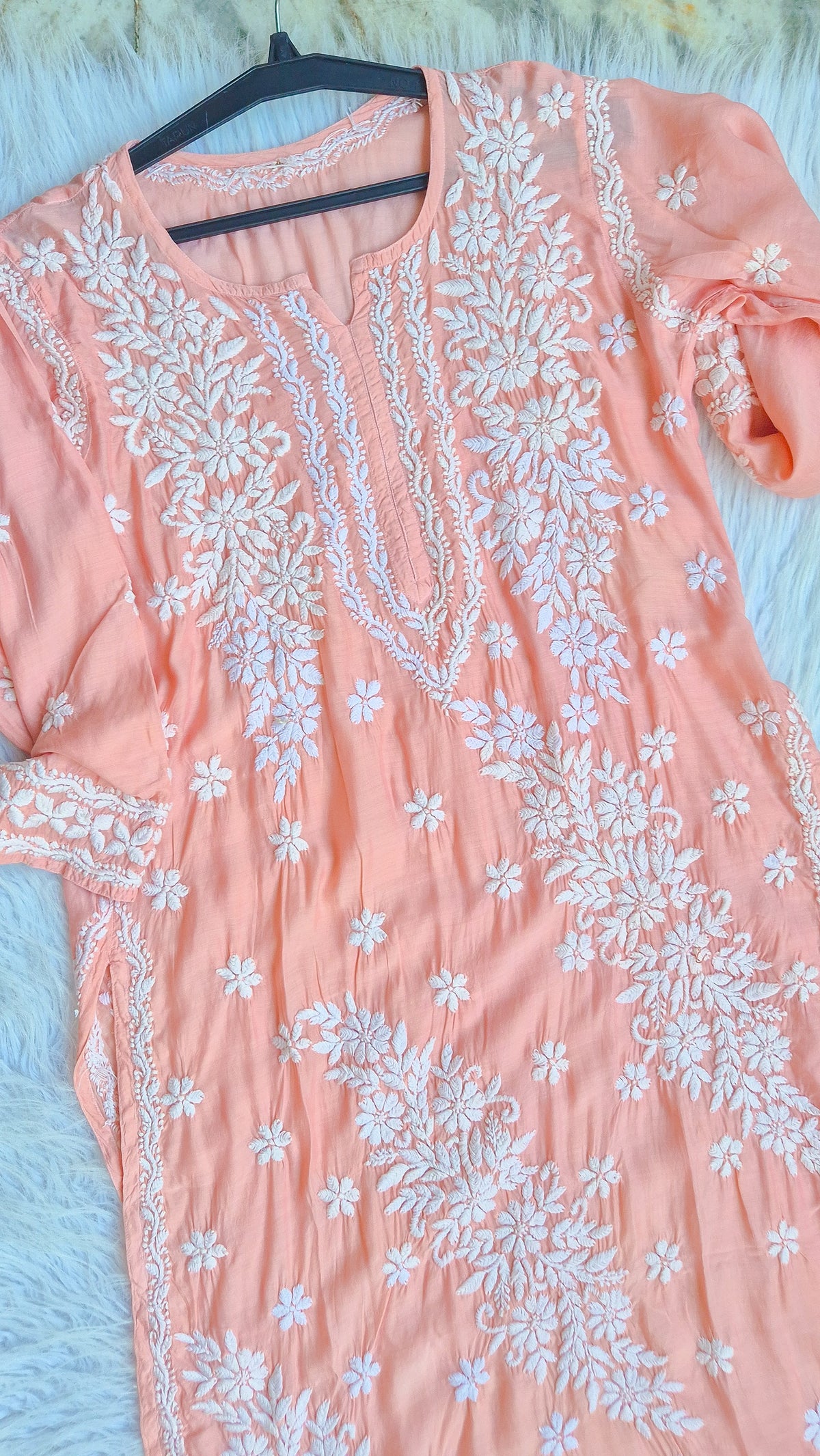 Bright peach premium soft silk long kurti with intricate handmade Lucknow chikankari embroidery by LVW Fashions.