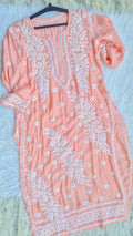 Bright peach LVW Fashions silk chikankari long kurti with intricate handmade Lucknow embroidery and soft fabric.