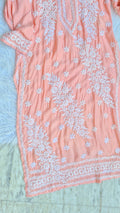 Bright peach premium soft silk chikankari long kurti by LVW Fashions, handcrafted Lucknow chikankari kurta in pure silk fabric.