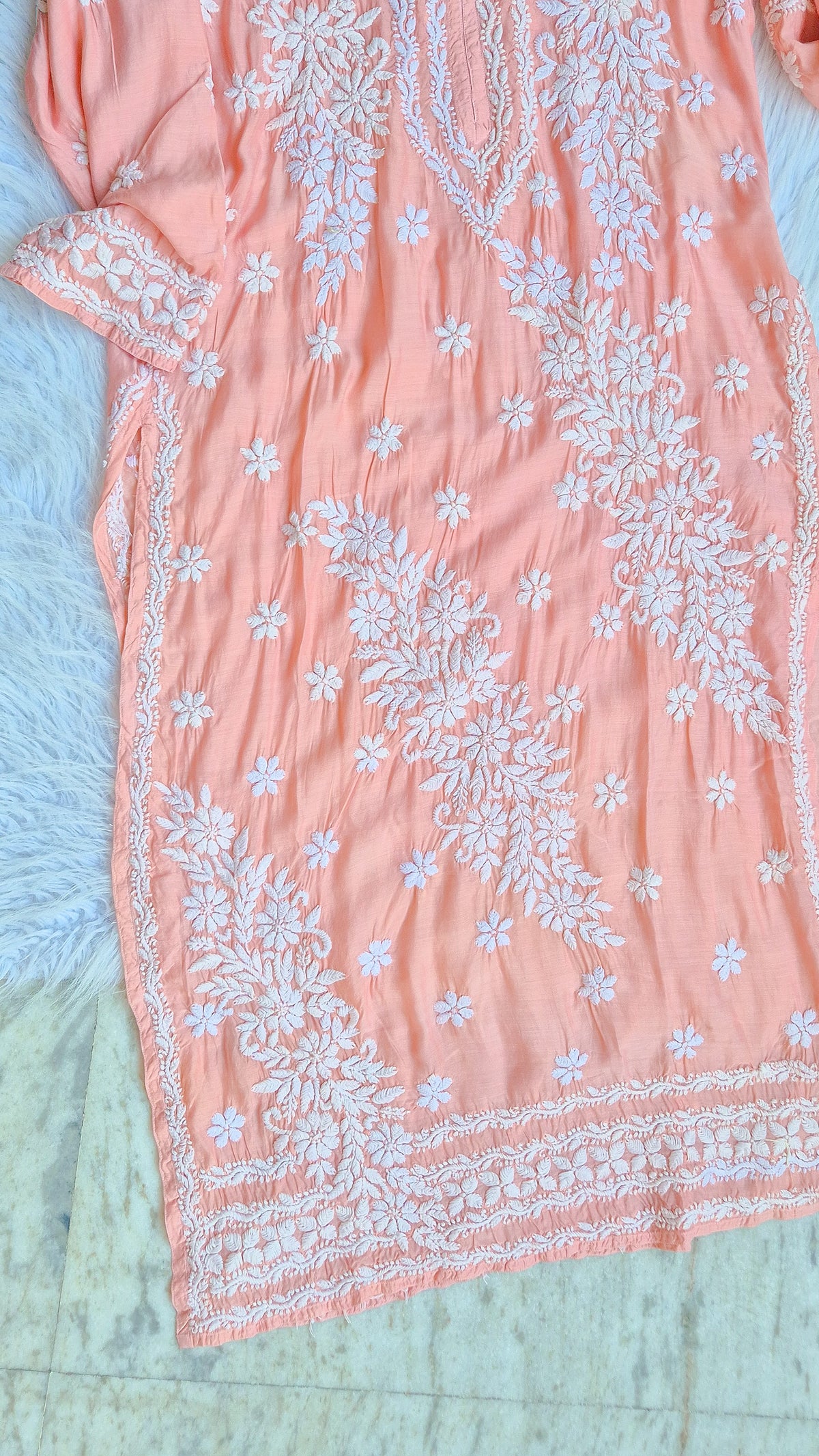Bright peach premium soft silk chikankari long kurti by LVW Fashions, handcrafted Lucknow chikankari kurta in pure silk fabric.