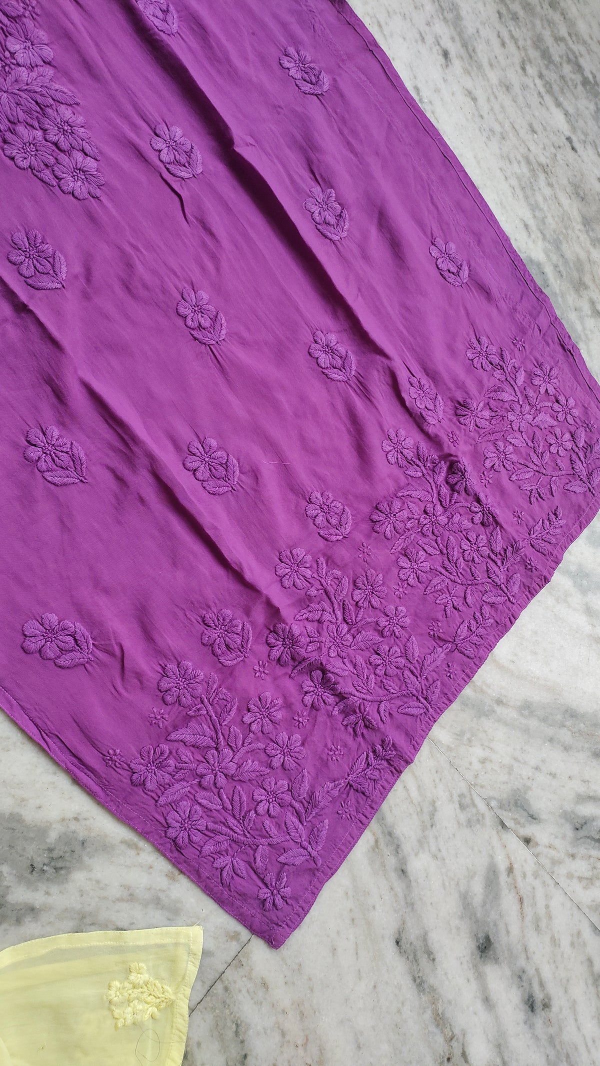 Soft cotton long Kurti with delicate white Chikankari embroidery from LVW Fashions, handmade in Lucknow, in size XXS.
