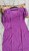 LVW Fashions handmade soft cotton Chikankari long kurti with intricate Lucknow embroidery, featuring delicate floral patterns.