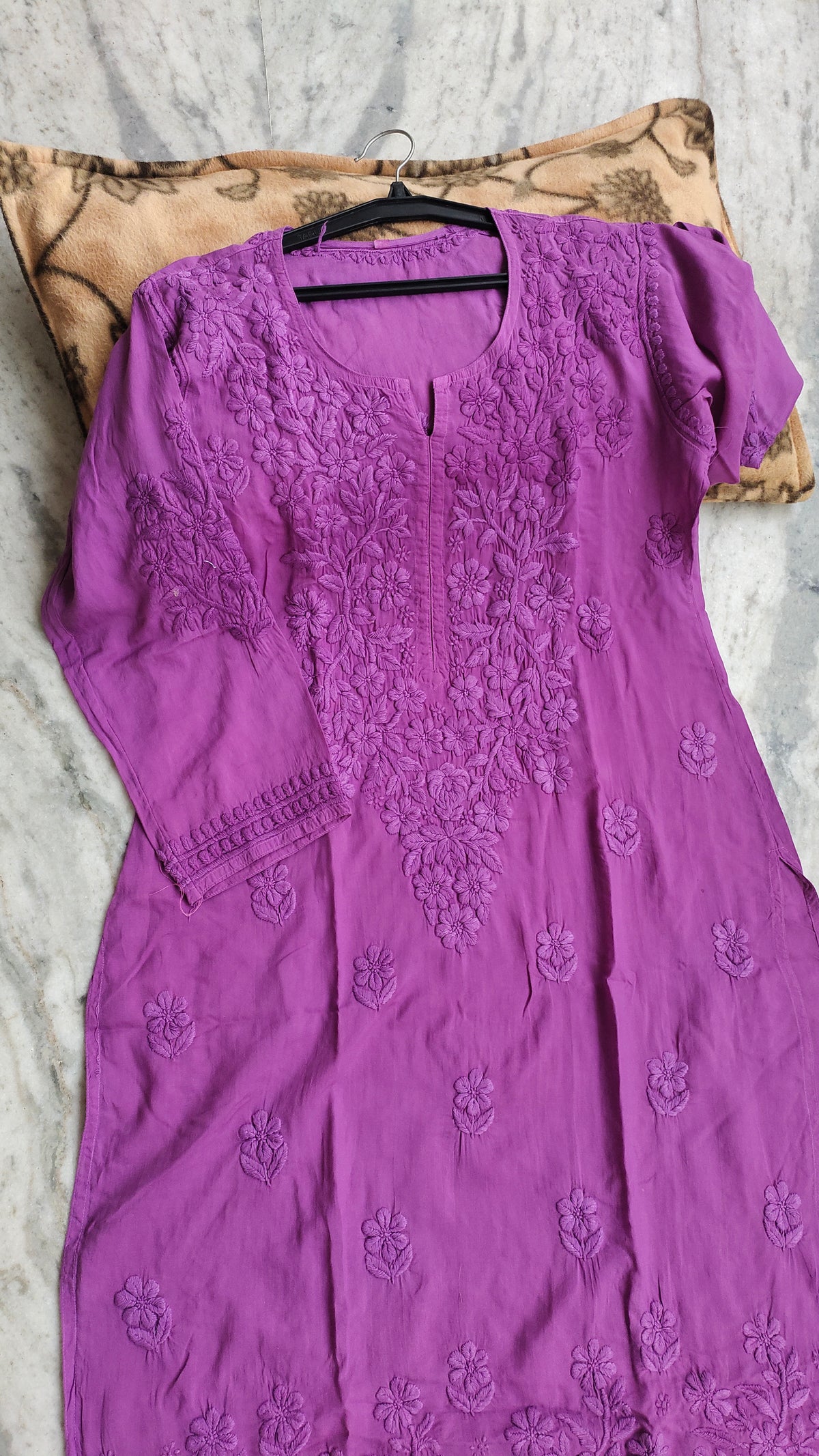 LVW Fashions handmade soft cotton Chikankari long kurti with intricate Lucknow embroidery, featuring delicate floral patterns.