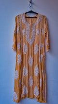 Bronze premium silk long kurta with intricate handmade chikankari embroidery by LVW Fashions, traditional Lucknow style.