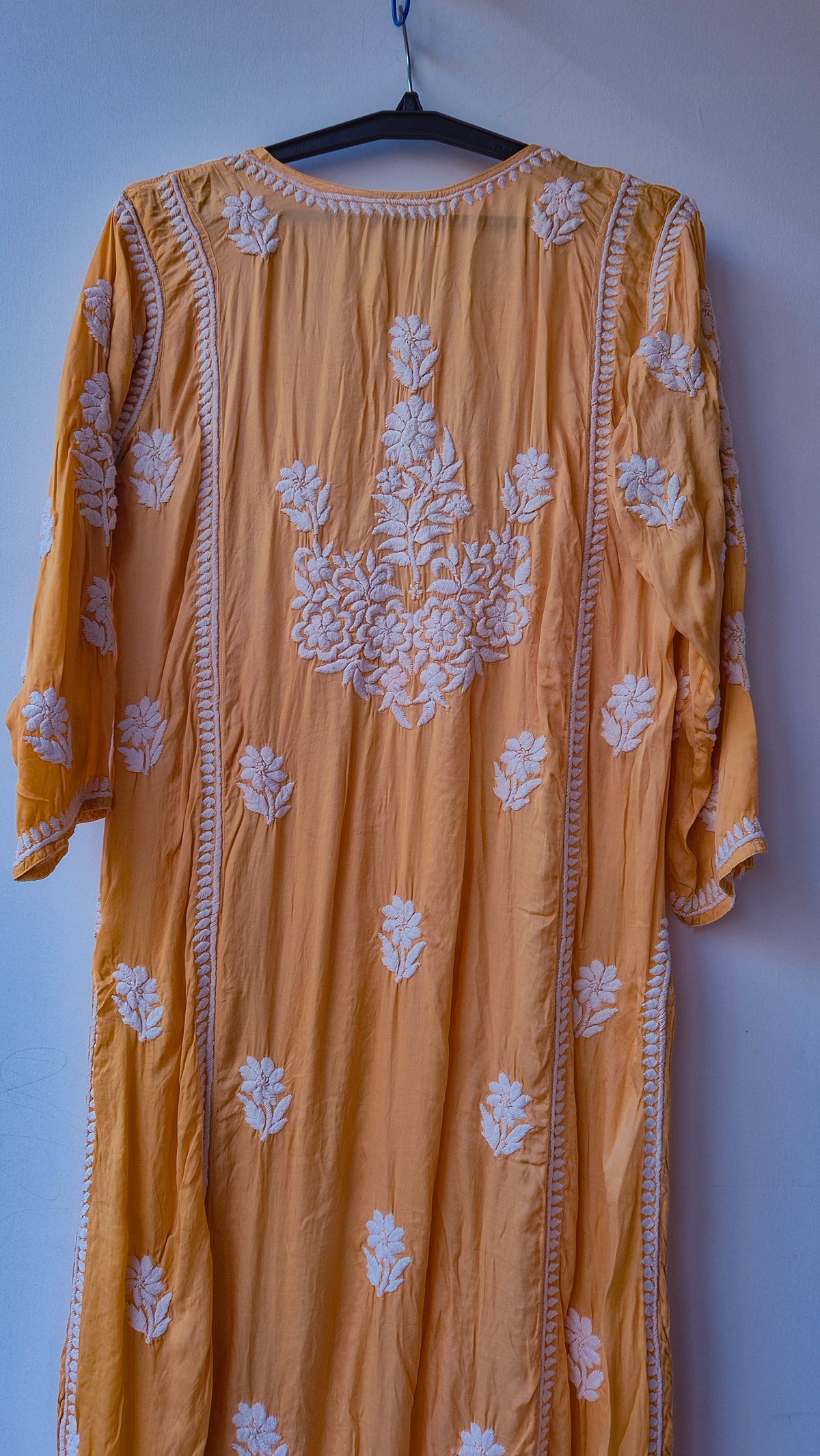 Bronze premium silk long chikankari kurta by LVW Fashions featuring intricate handmade Lucknow chikankari embroidery.