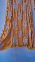 Bronze premium silk long chikankari kurta by LVW Fashions featuring intricate handmade Lucknow embroidery and A-line design.